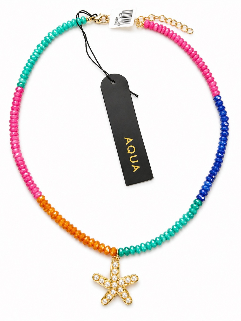 Aqua Multicolor Rainbow Quartz Beaded Necklace Pearl Starfish Pendant NWT $175